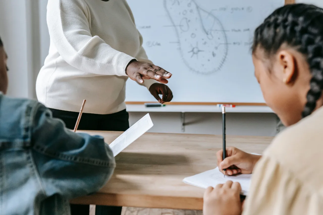 Professora a explicar a matéria a alunos numa sala de aula do ensino básico