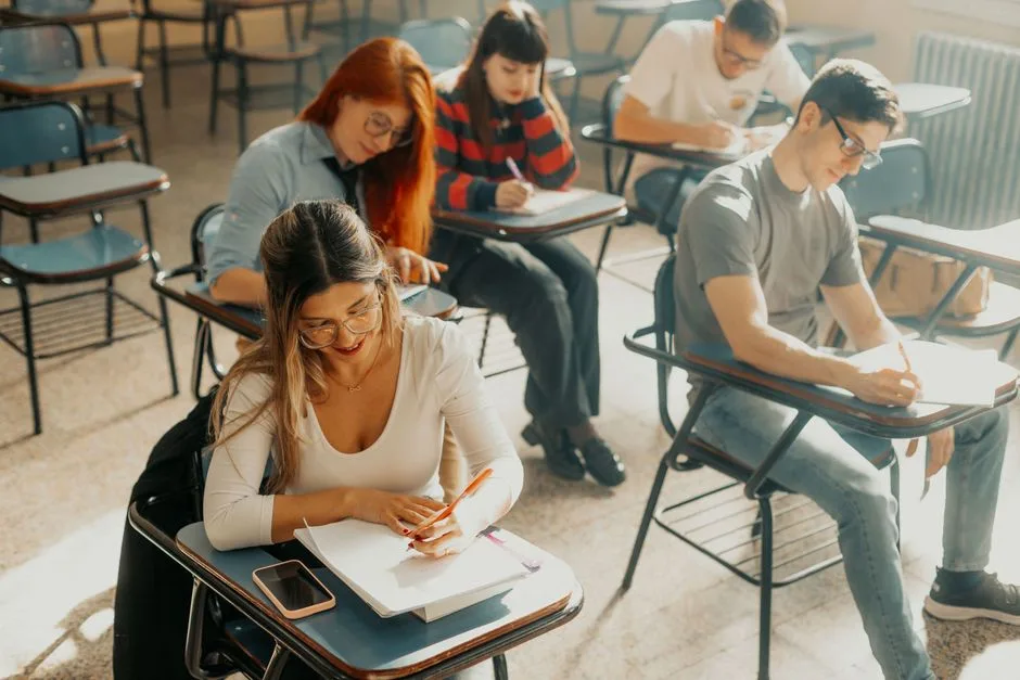 Estudantes universitários a realizar provas de acesso numa sala de aula