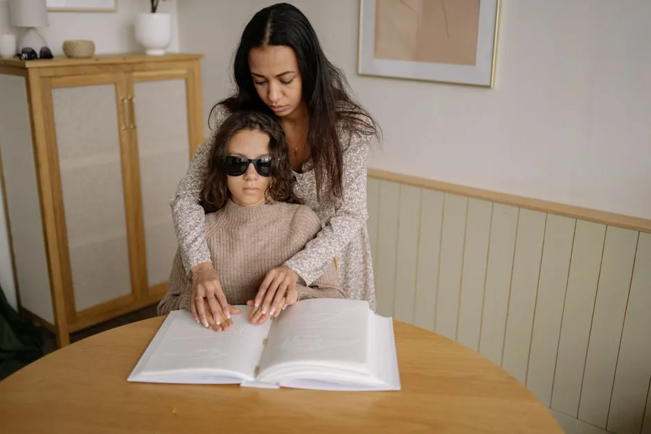 Mãe apoia a filha com deficiência visual na leitura em Braille, ilustrando o tipo de apoio especializado prestado nestes colégios