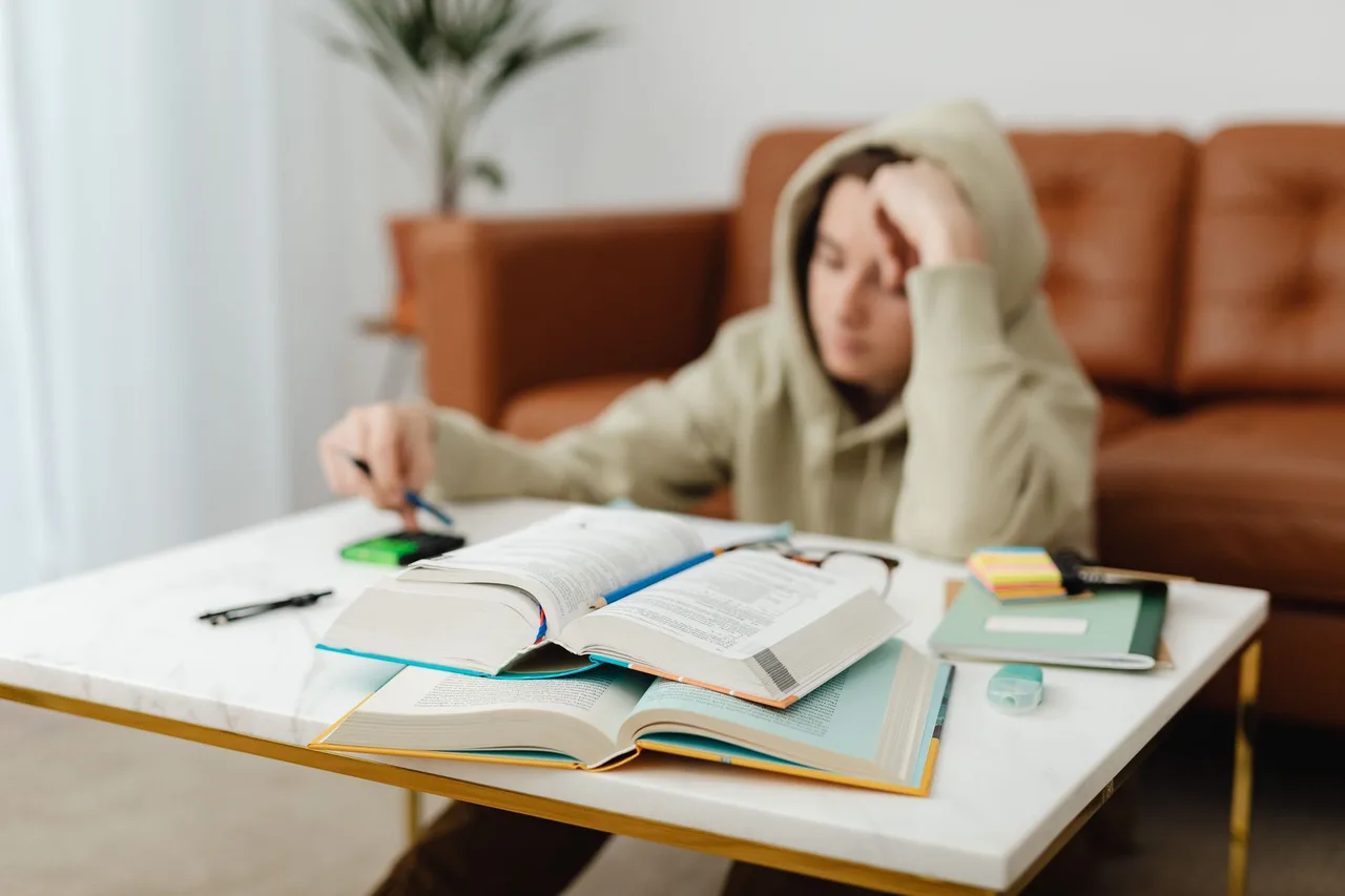Adolescente a estudar com livros e apontamentos numa mesa, a preparar-se para uma prova de equivalência à frequência
