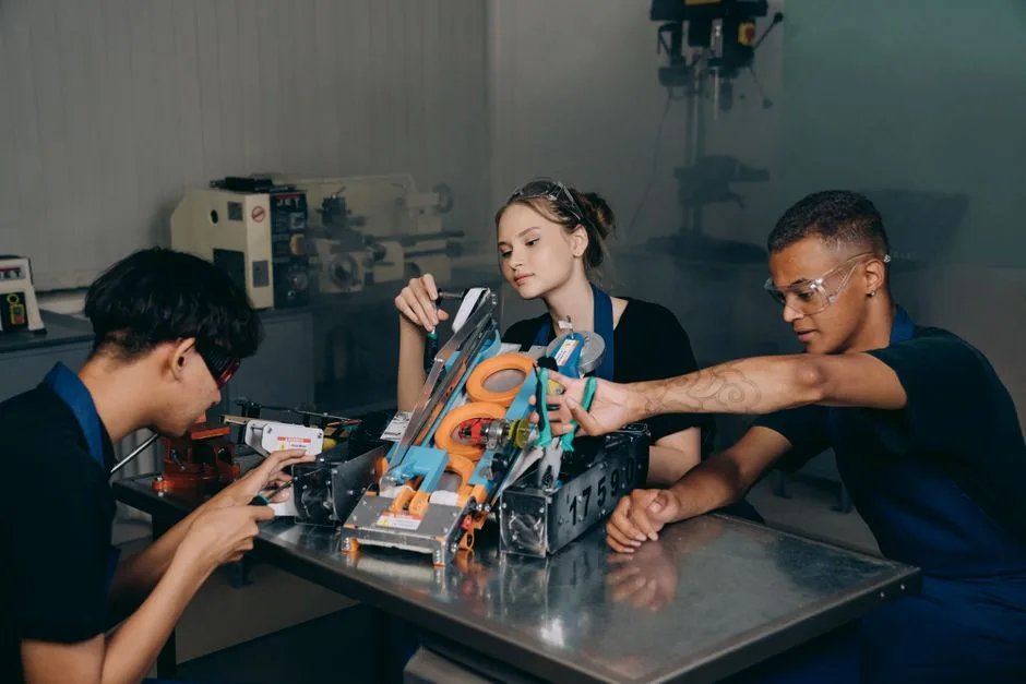 Estudantes a montar um projeto de robótica em laboratório, área de investigação prioritária da nova universidade
